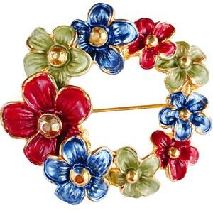 Vintage 1980s Enamel Floral Wreath Brooch Gold Tone Costume Jewelry Pin Colorful